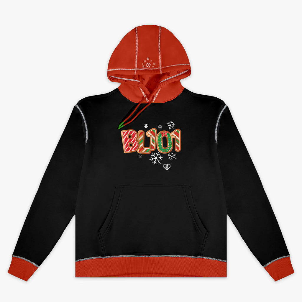 Black hoodie with "Holiday Cookie" design — front view