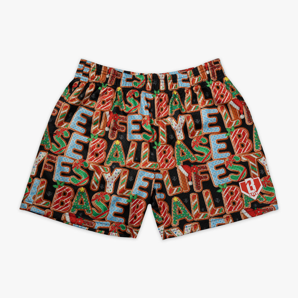 Multi-color shorts with "Holiday Cookie" design — front view