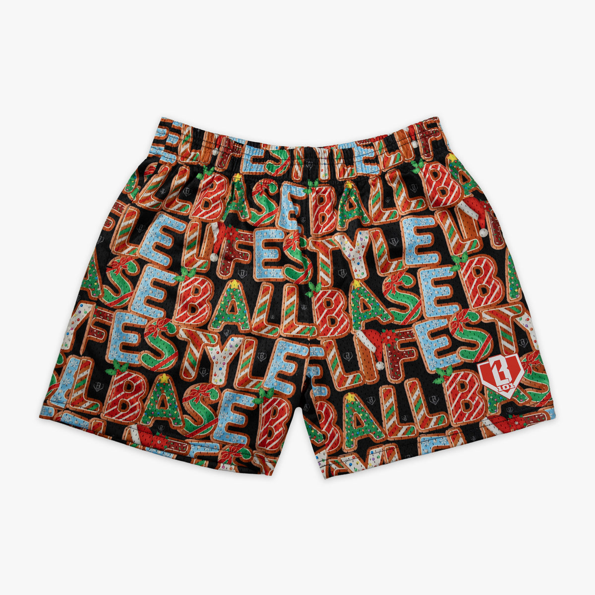 Multi-color shorts with "Holiday Cookie" design — front view