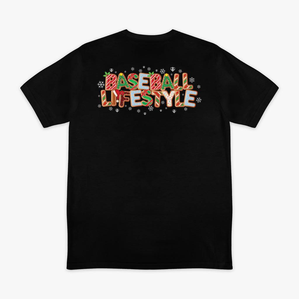 Black graphic tee with "Holiday Cookie" design — back view