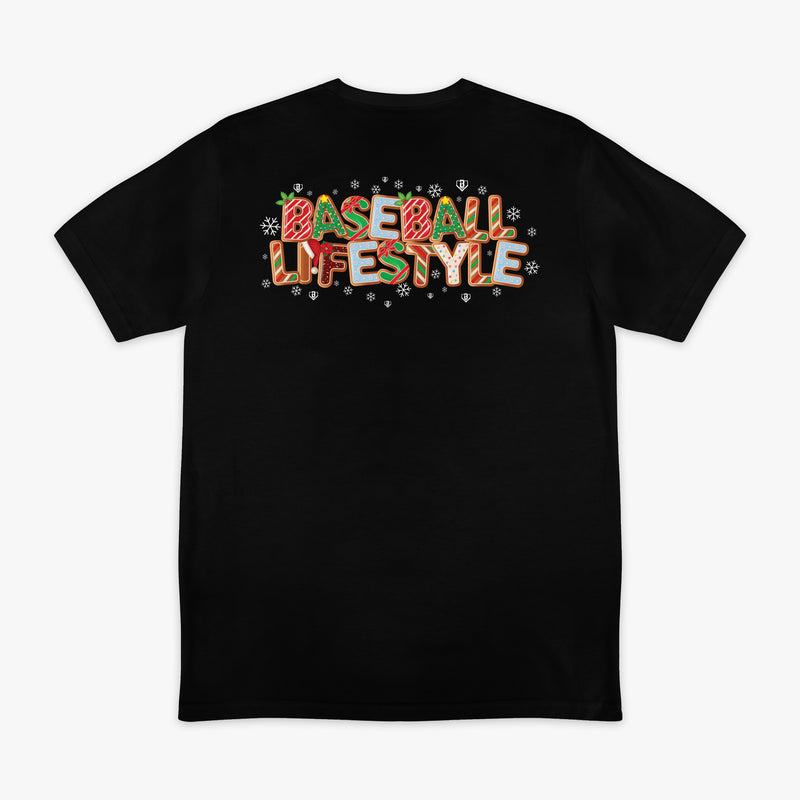 Black graphic tee with "Holiday Cookie" design — back view