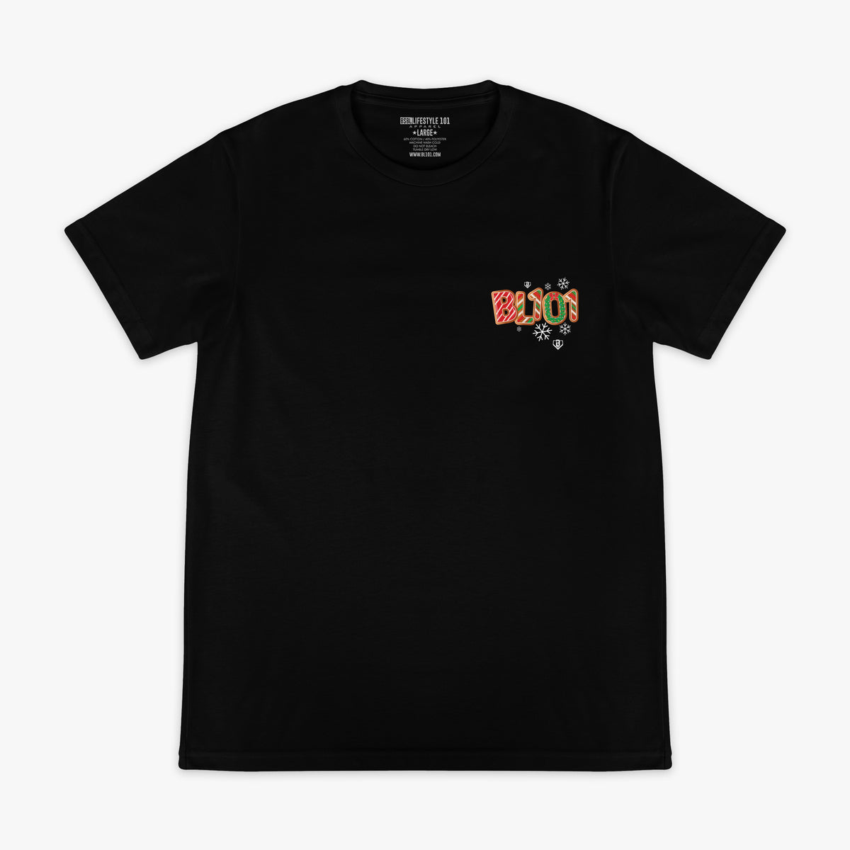 Black graphic tee with "Holiday Cookie" design — front view