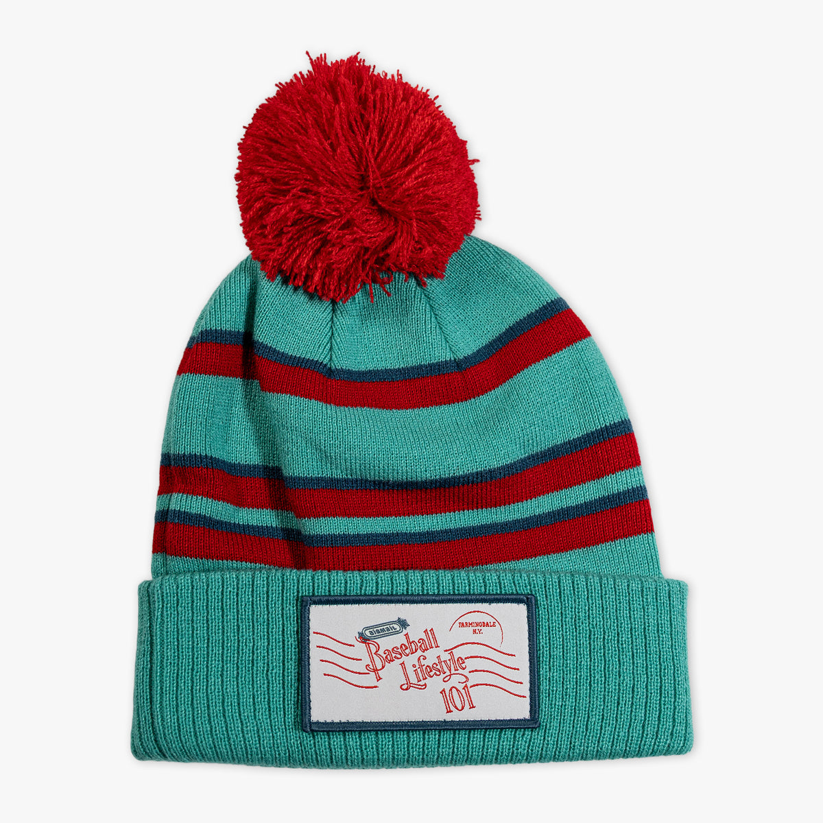 Blue beanie with "Holiday Stamps Beanie" design