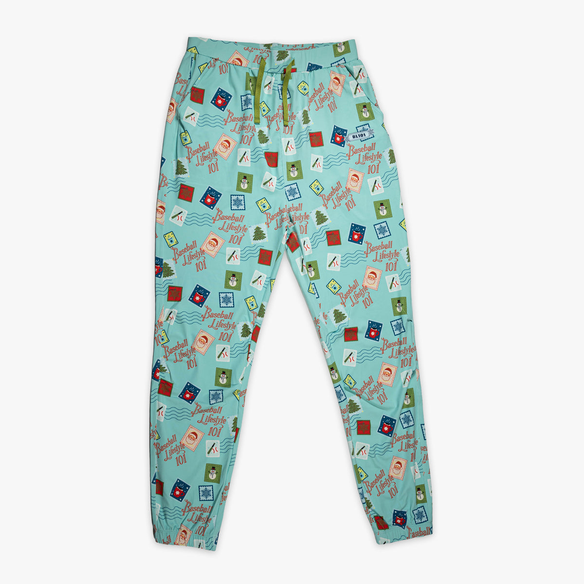 Teal youth pajama pants with "Holiday Stamps" design — front view