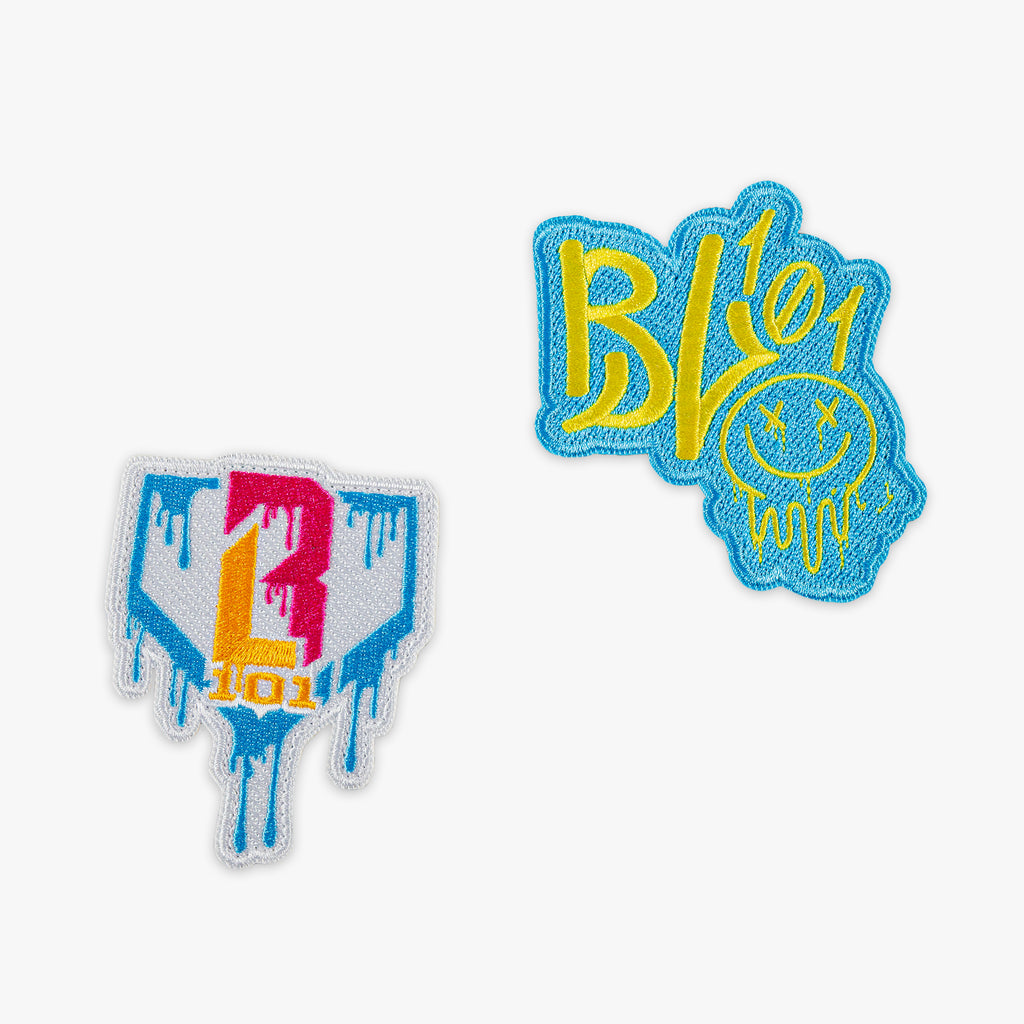 Two colorful patches with 'BL101' design on a white background