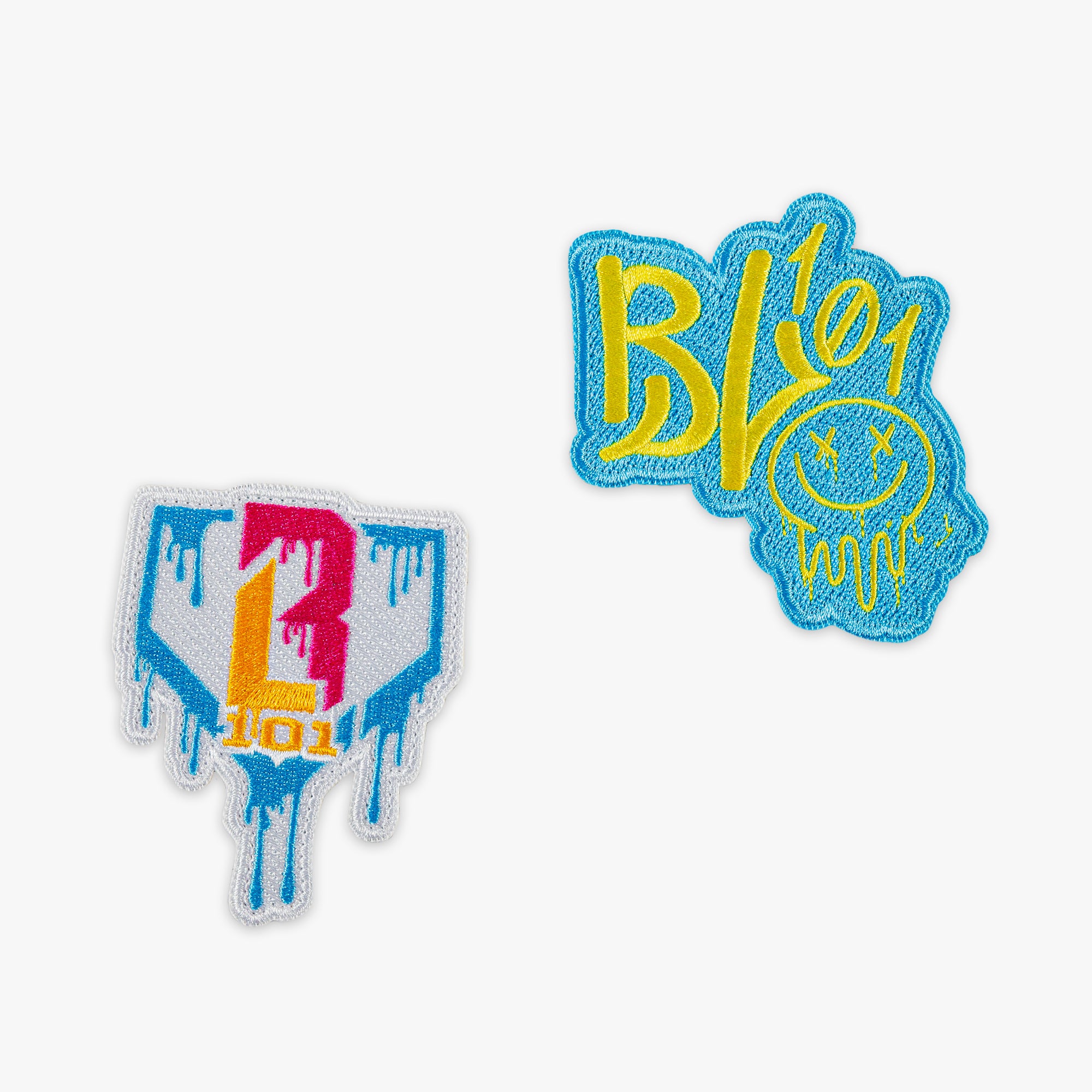 Two colorful patches with 'BL101' design on a white background