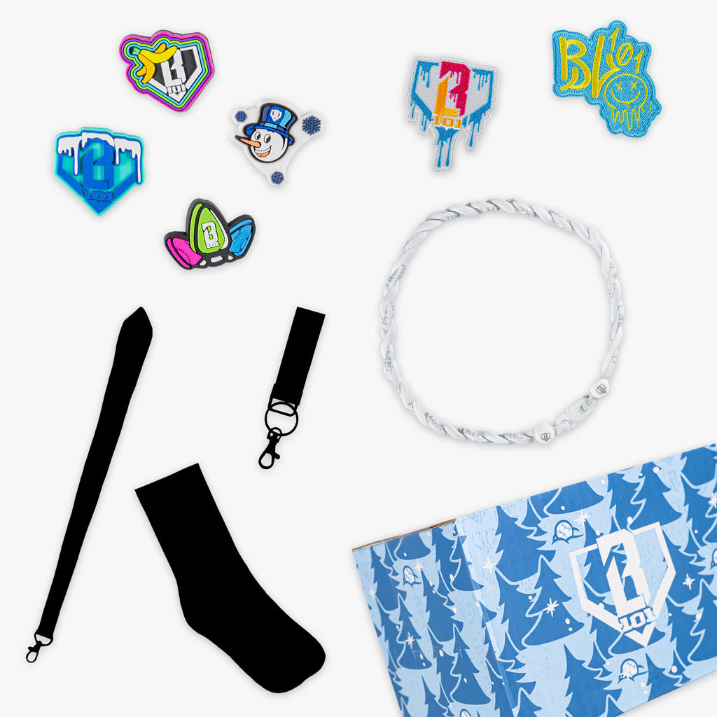 Collection of merchandise including stickers, lanyards, and a patterned bag on a white background
