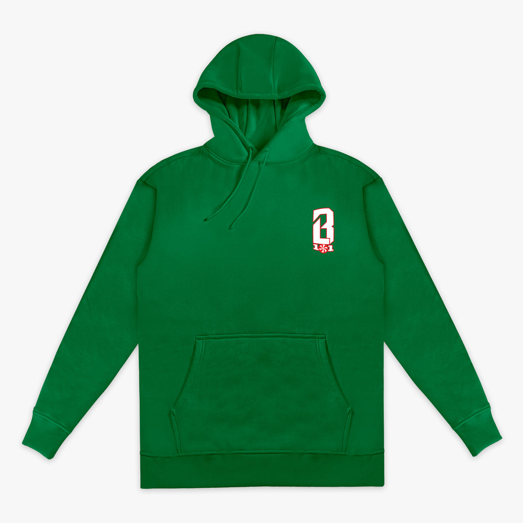 Green hoodie with a festive red and white BL101 logo in corner