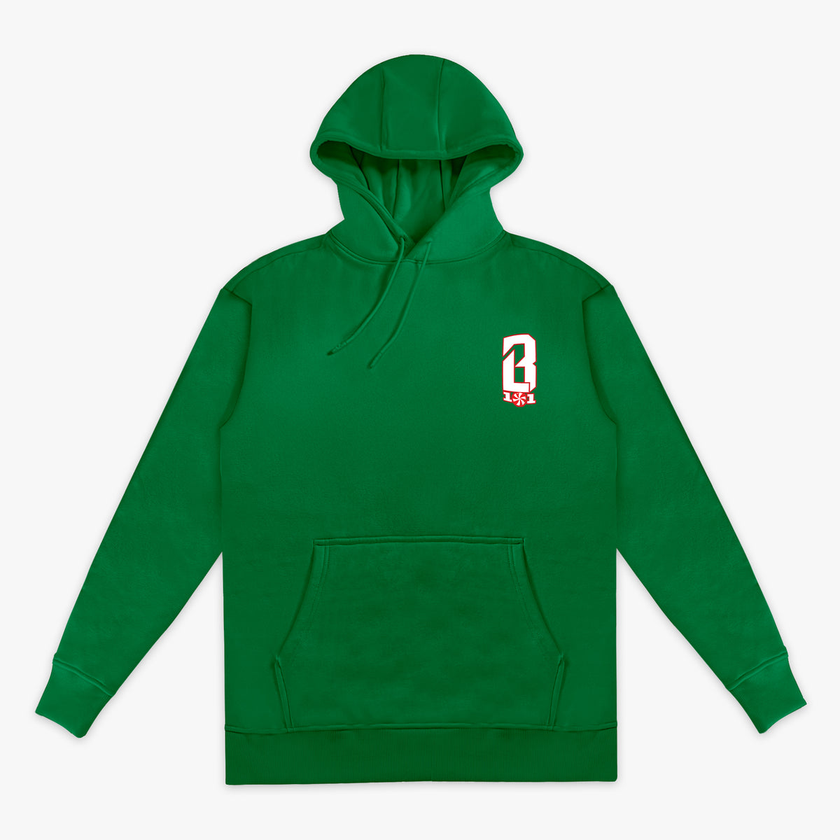 Green hoodie with a festive red and white BL101 logo in corner