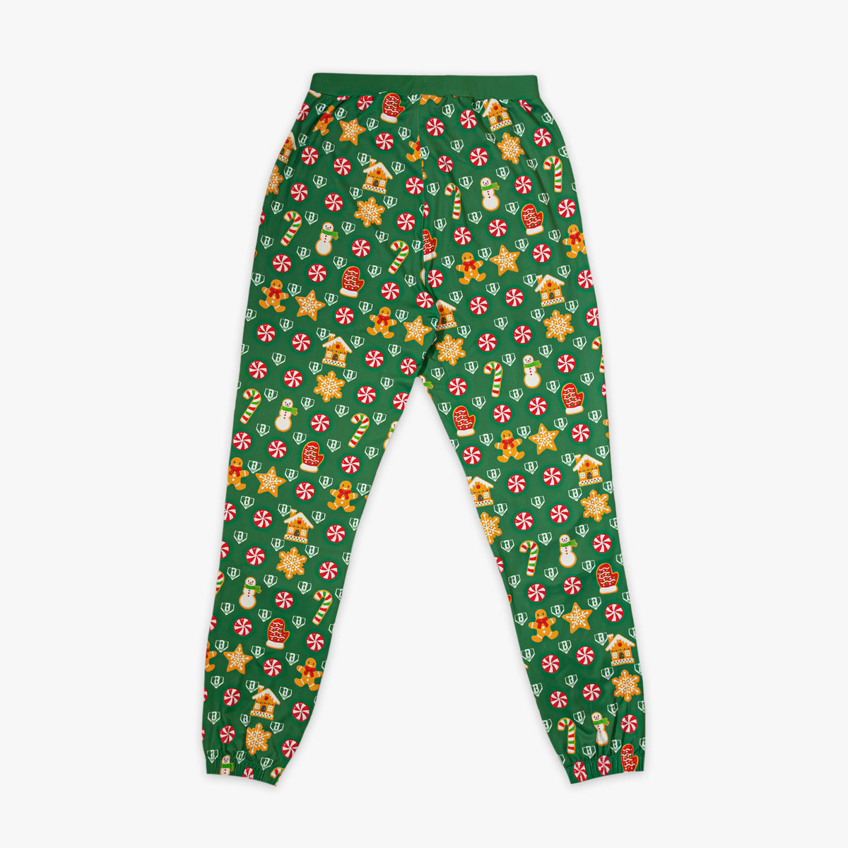Green pajama pants with festive Christmas pattern on a white background