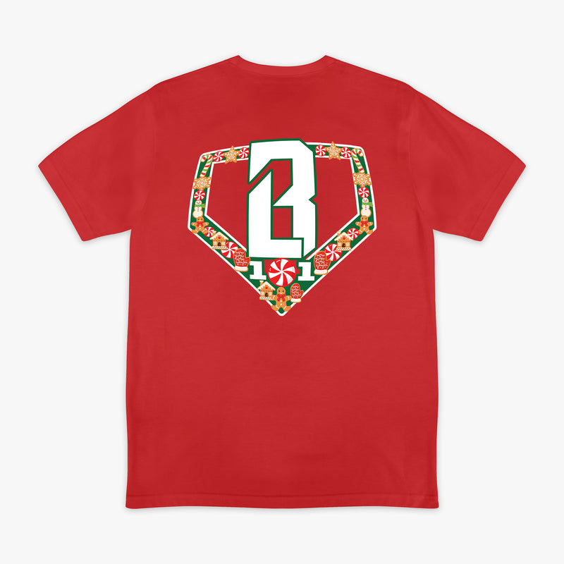 Red t-shirt with a decorative BL101 logo on the back against a white background