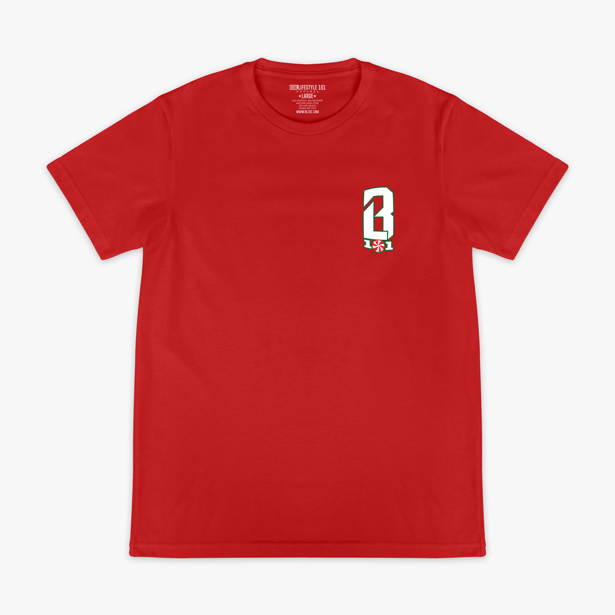 Red t-shirt with a festive BL101 logo on the chest against a white background