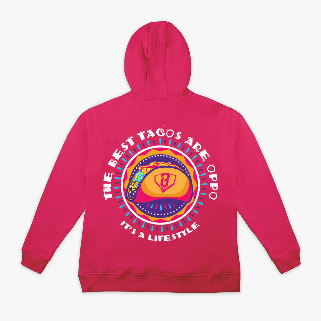 Pink hoodie with a colorful taco graphic and 'The Best Tacos are Oppo It's a Lifestyle' text on the back against a white background