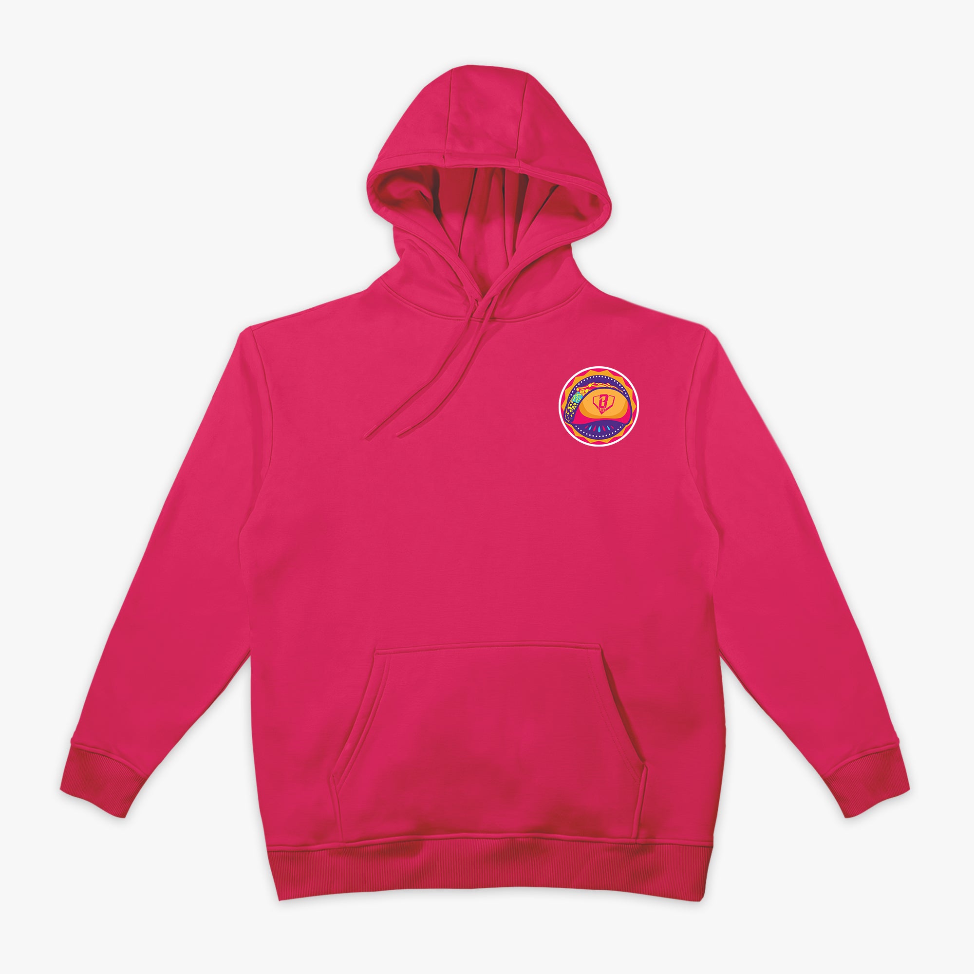 Pink hoodie with a colorful taco logo on a white background