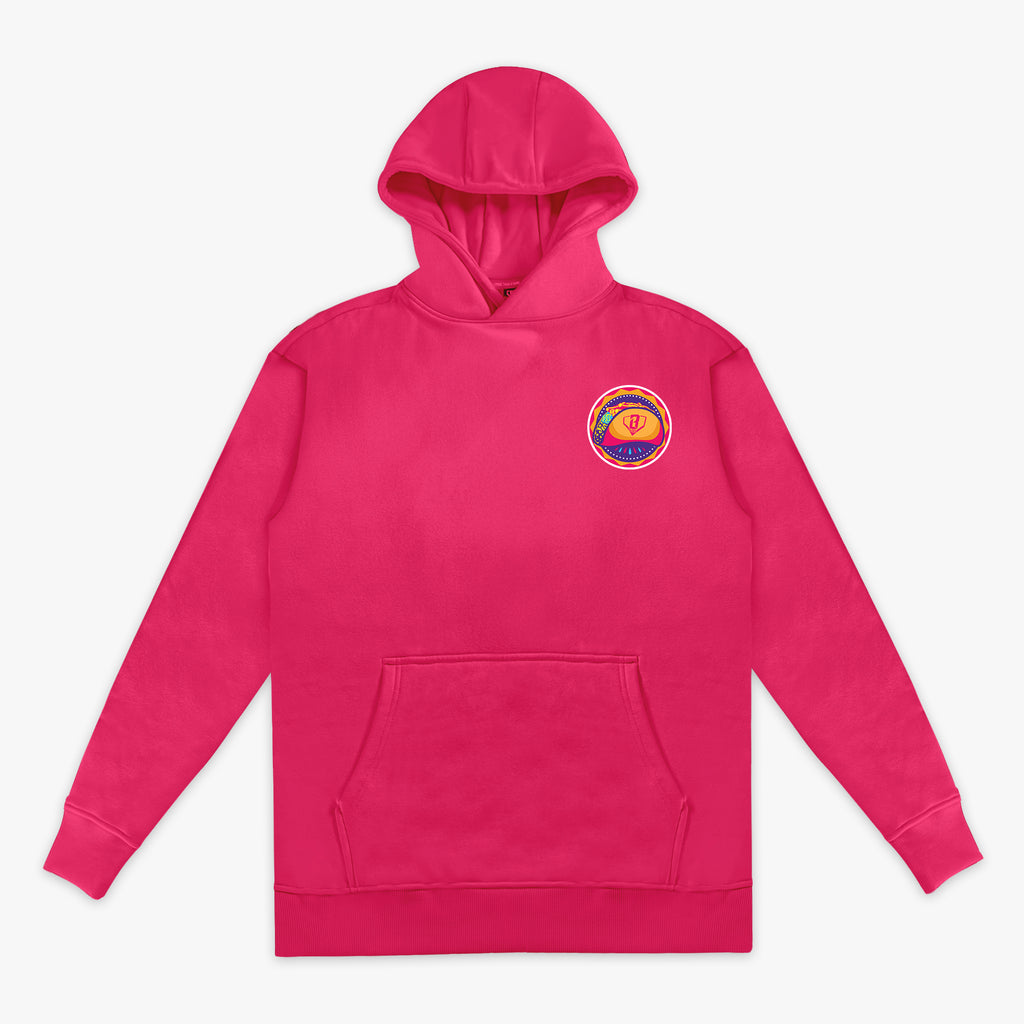 Pink hoodie with a colorful taco logo on the chest against a white background