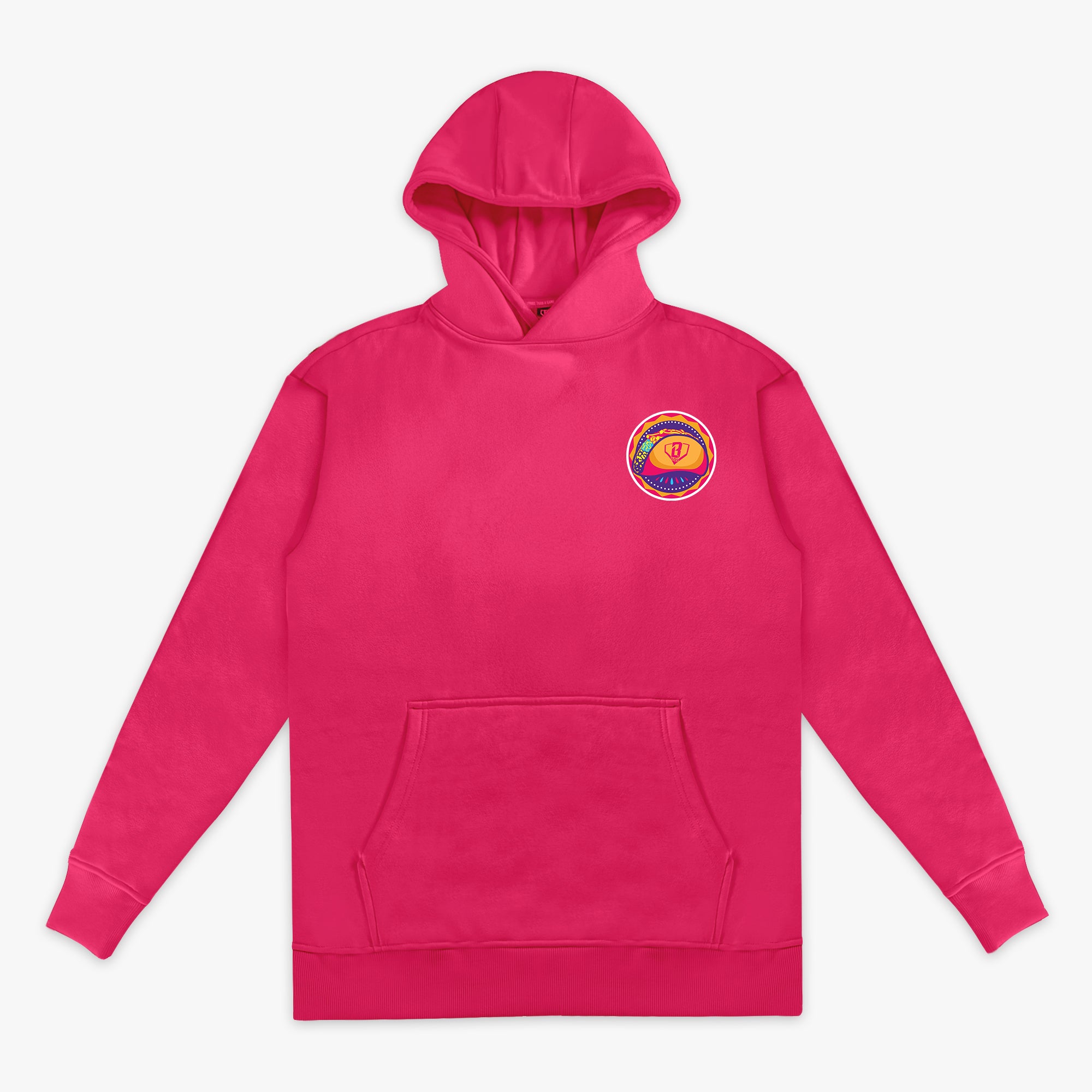 Pink hoodie with a colorful taco logo on the chest against a white background