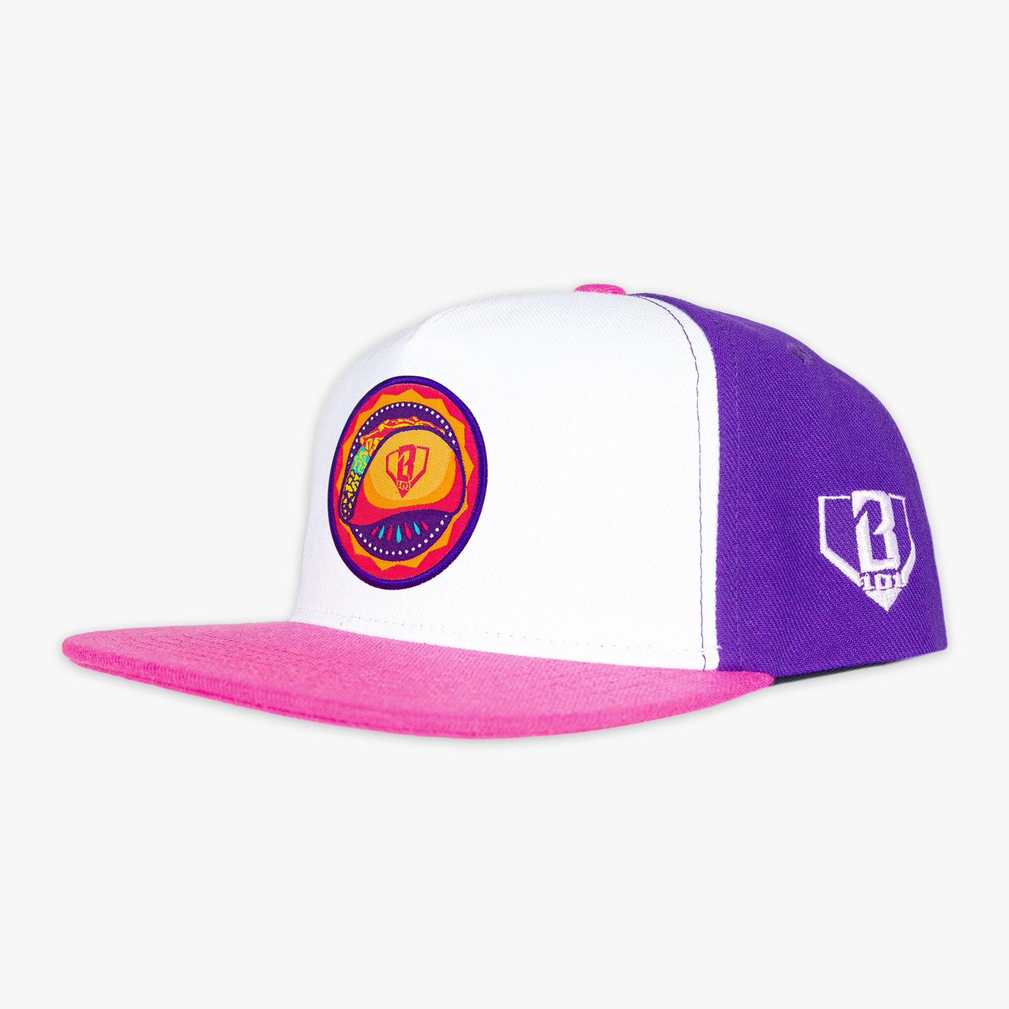 pink and purple cap with taco graphic design on the front