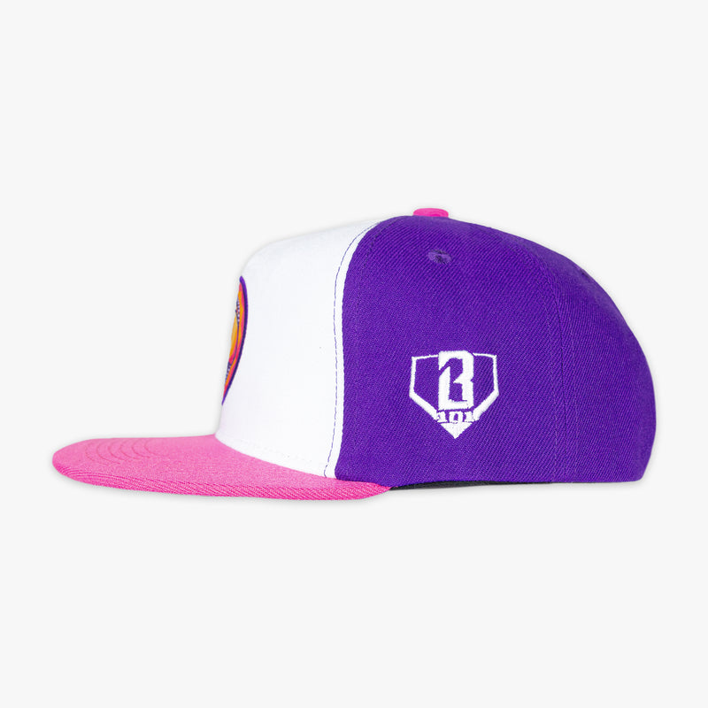 Pink and purple cap with a white BL101 logo on a white background
