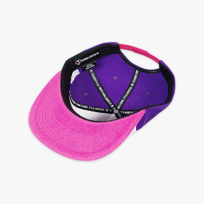 Purple and pink cap with a Baseball Lifestyle 101 tag on a white background