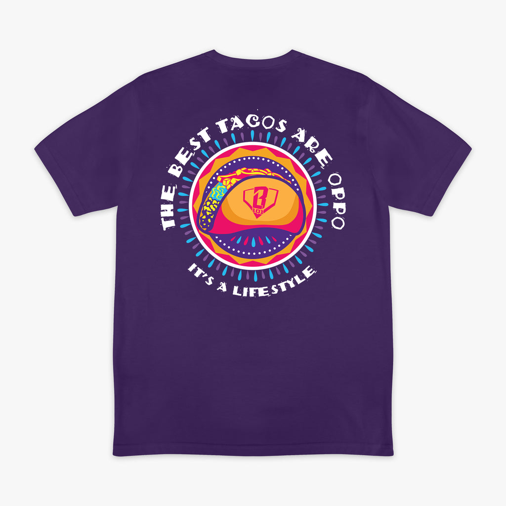 Purple t-shirt with colorful graphic and 'The Best Tacos Are Oppo It's a Lifestyle' text on a white background