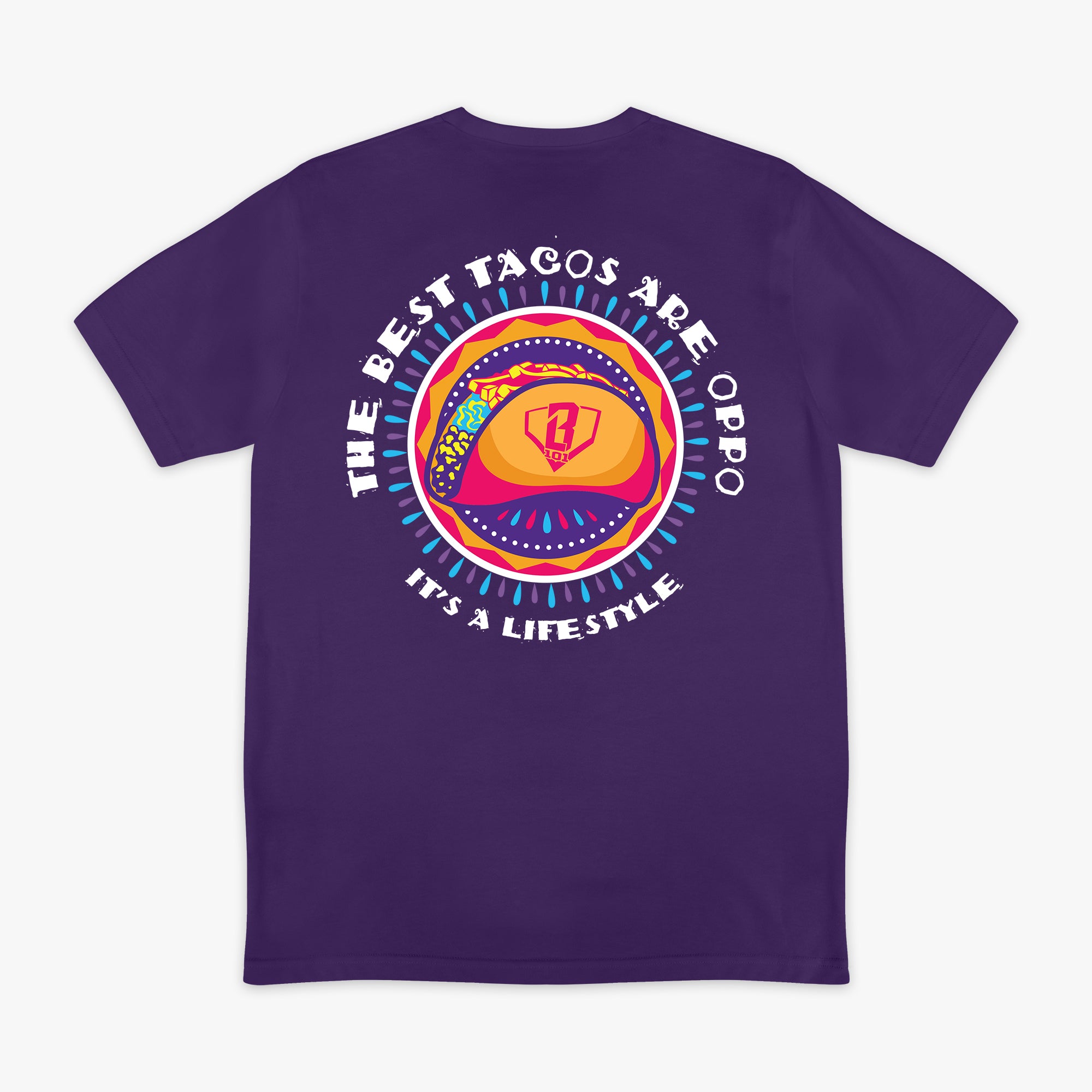 Purple t-shirt with colorful graphic and 'The Best Tacos Are Oppo It's a Lifestyle' text on a white background