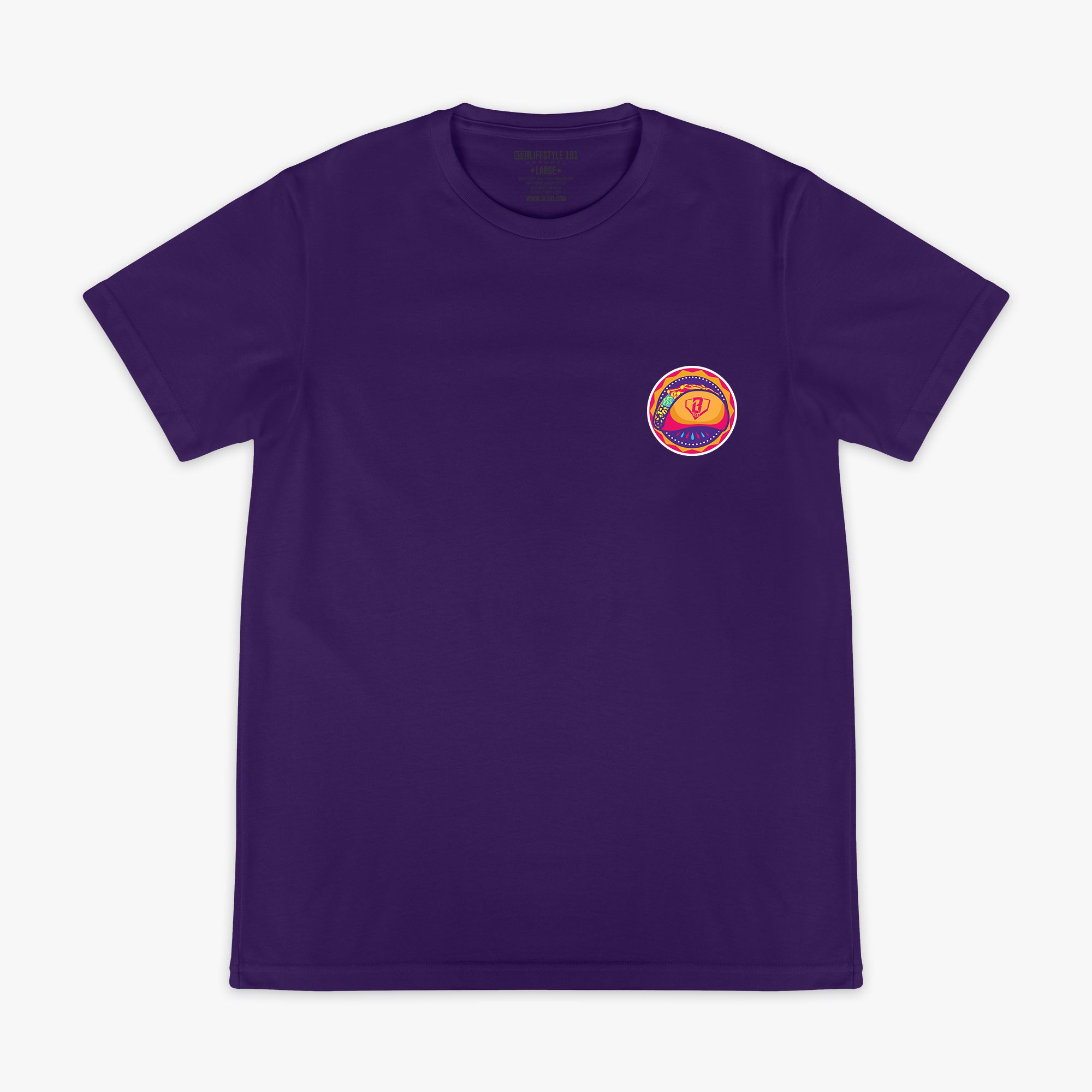 Purple t-shirt with a colorful taco logo on the chest against a white background