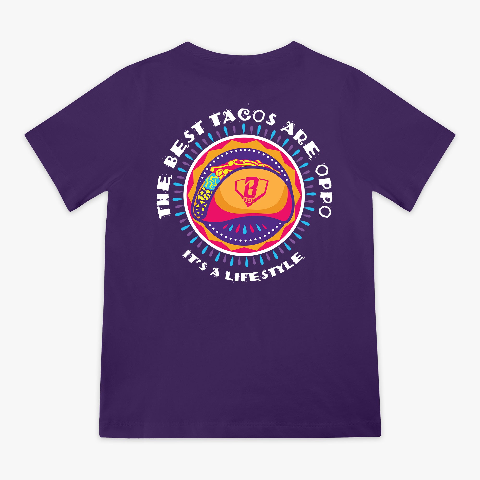 Purple t-shirt with colorful graphic and 'The Best Tacos Are Oppo It's a Lifestyle' text on a white background