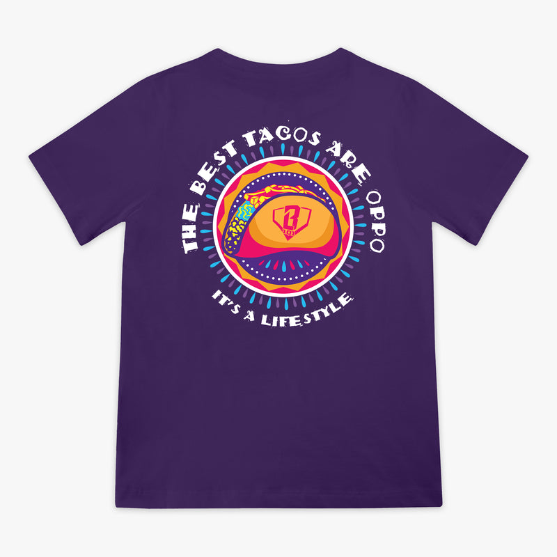 Purple t-shirt with colorful graphic and 'The Best Tacos Are Oppo It's a Lifestyle' text on a white background