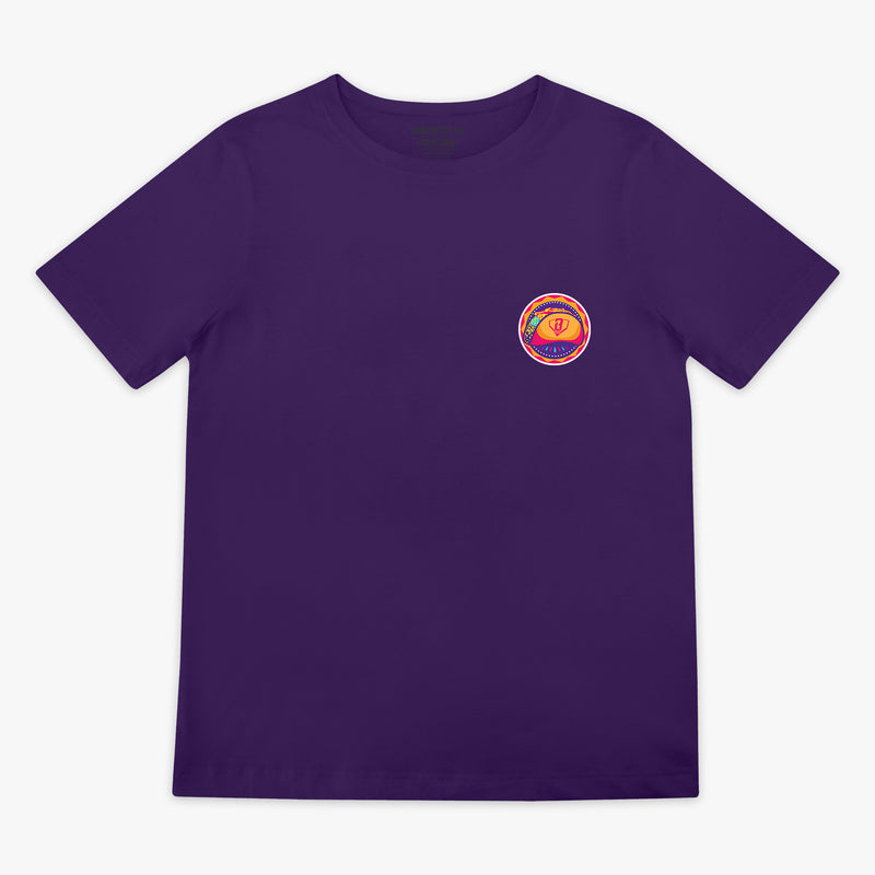 Purple t-shirt with a colorful taco logo on the chest against a white background