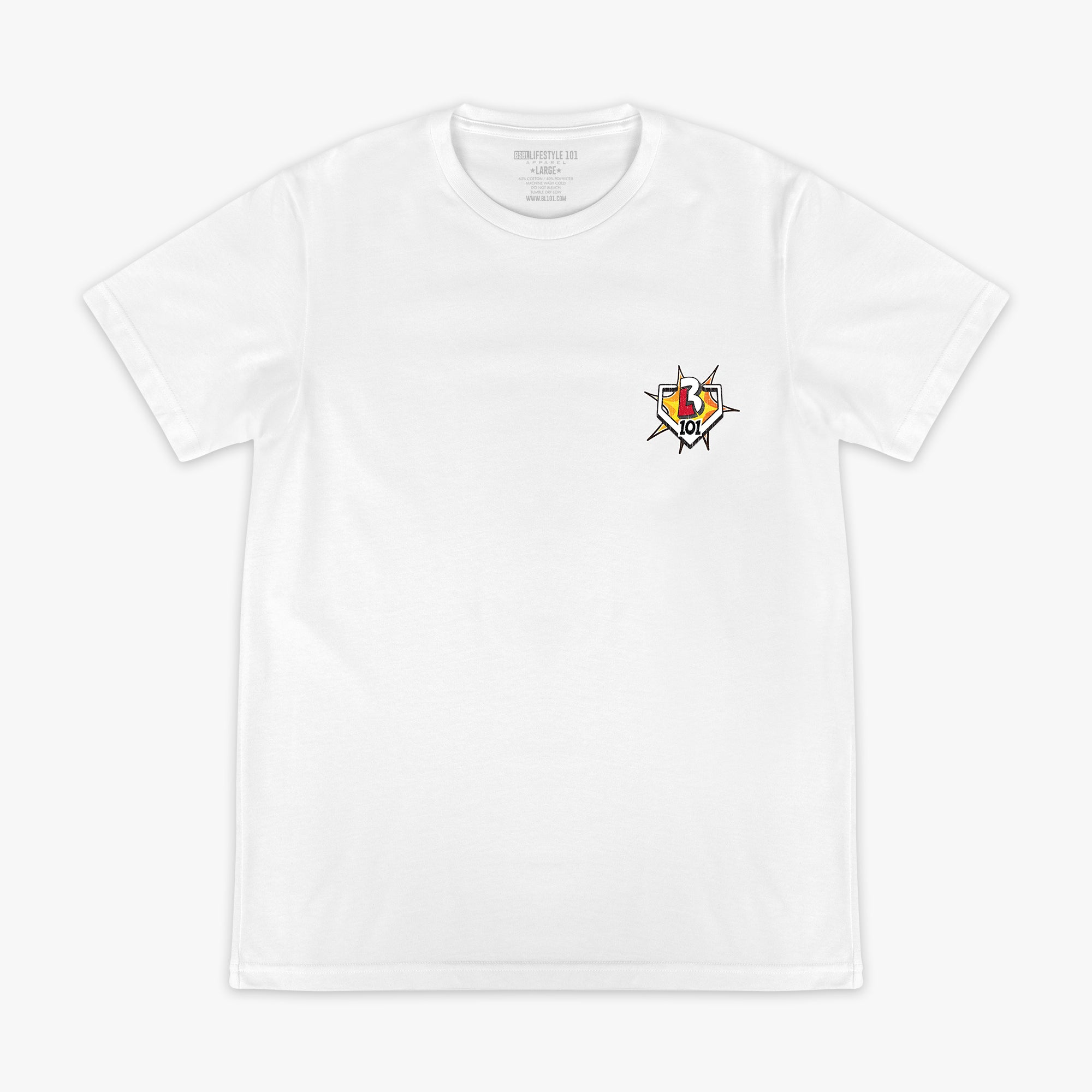 White graphic tee with "Home Run Hero" design — front view