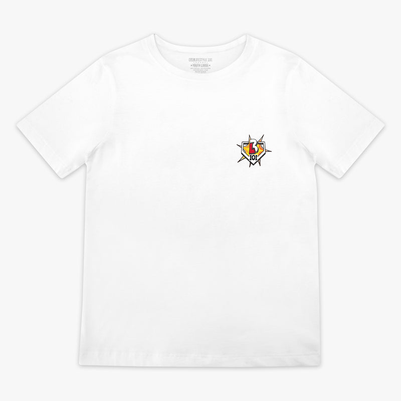 White youth graphic tee with "Home Run Hero" design — front view