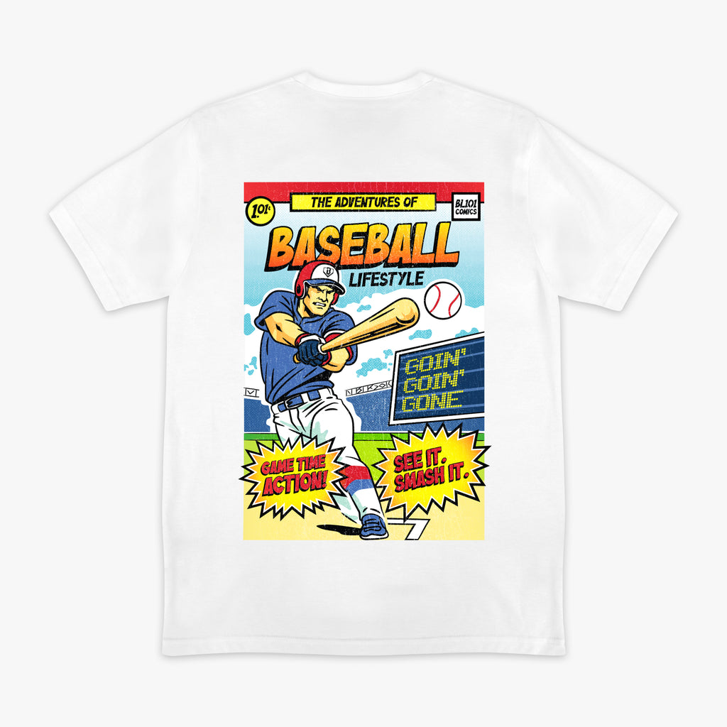 White graphic tee with "Home Run Hero" design — back view