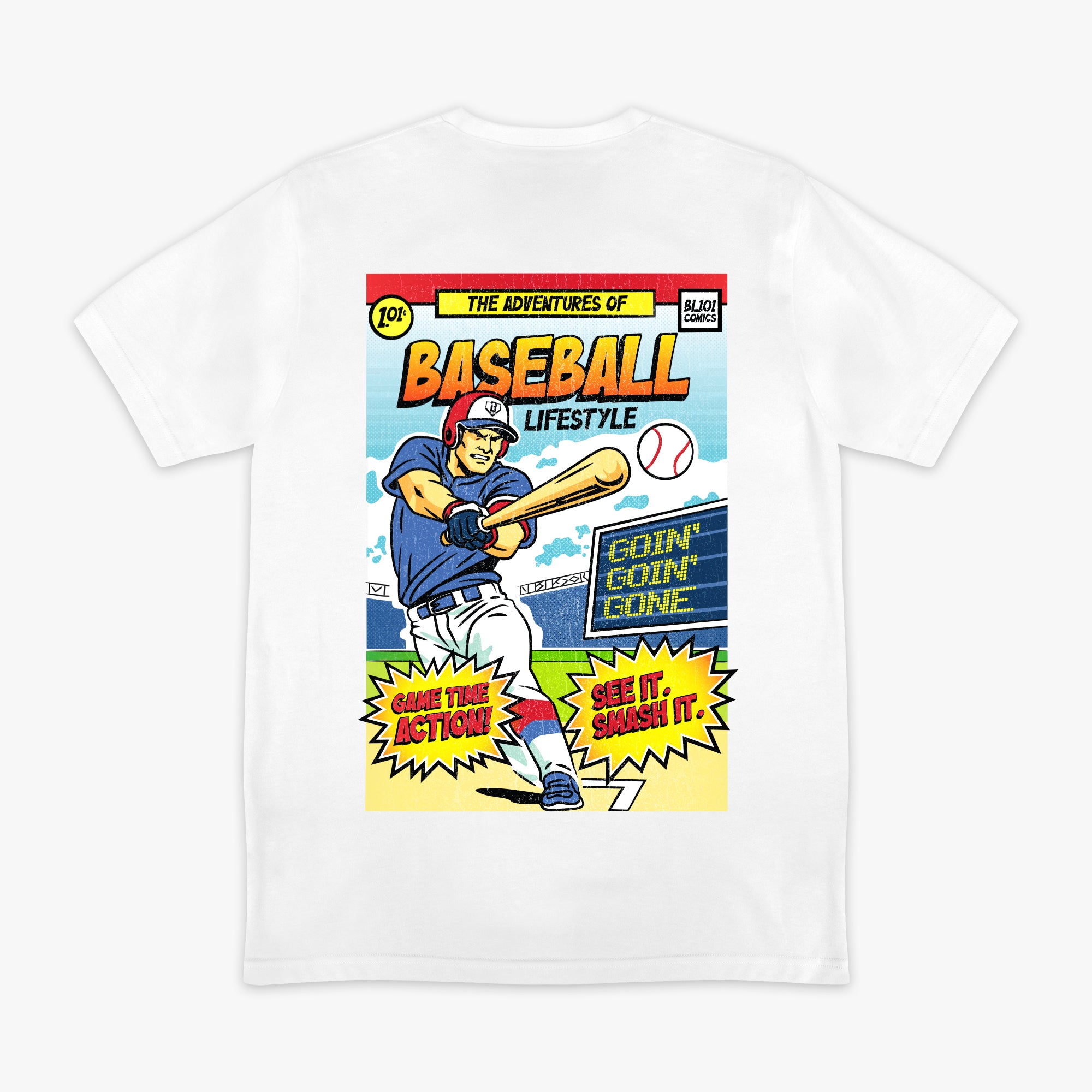 White graphic tee with "Home Run Hero" design — back view
