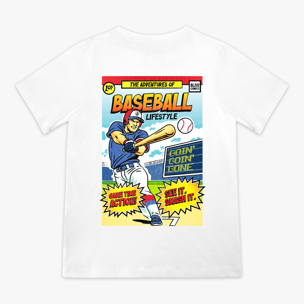 White youth graphic tee with "Home Run Hero" design — back view