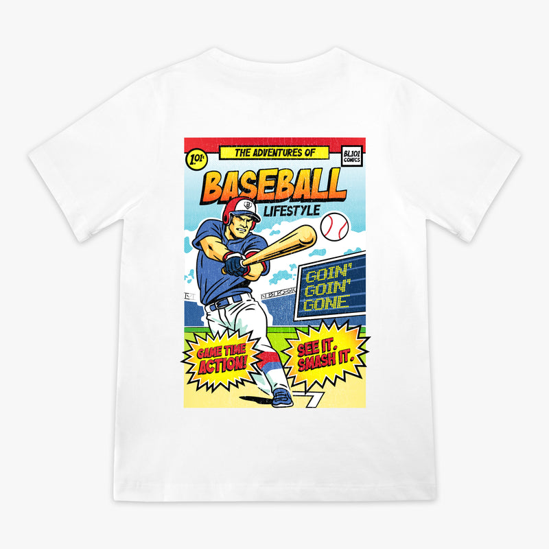 White youth graphic tee with "Home Run Hero" design — back view