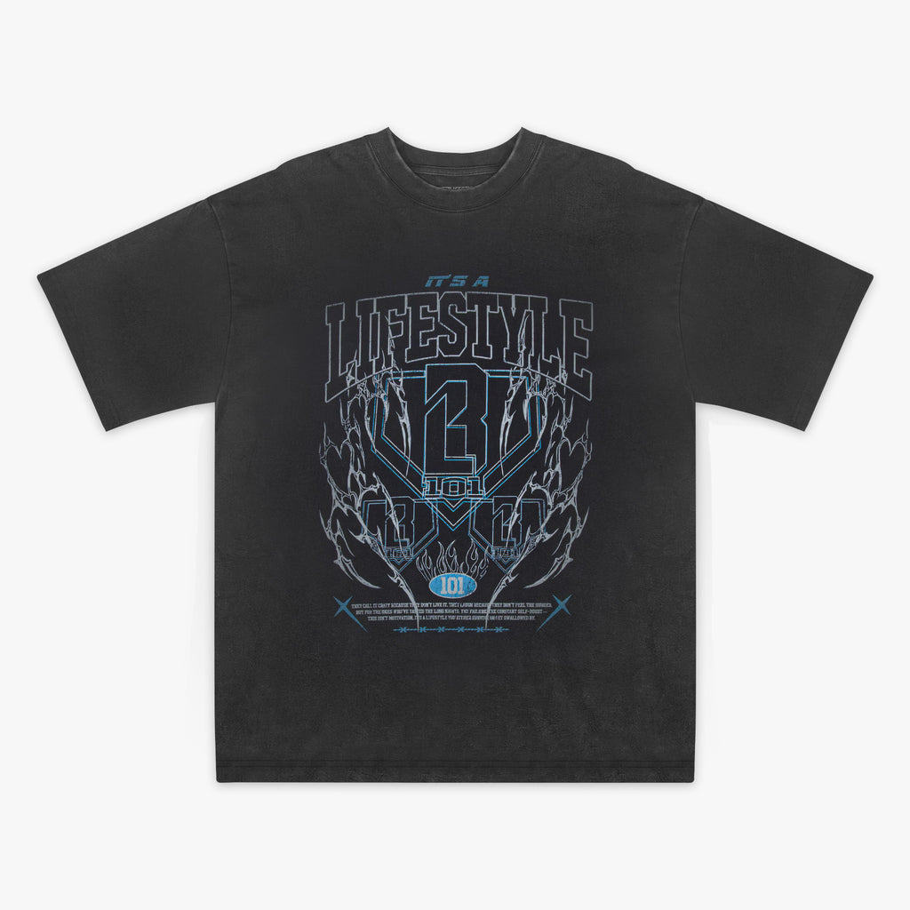 Grey t-shirt with blue graphic design and 'Baseball Lifestyle' text on a white background