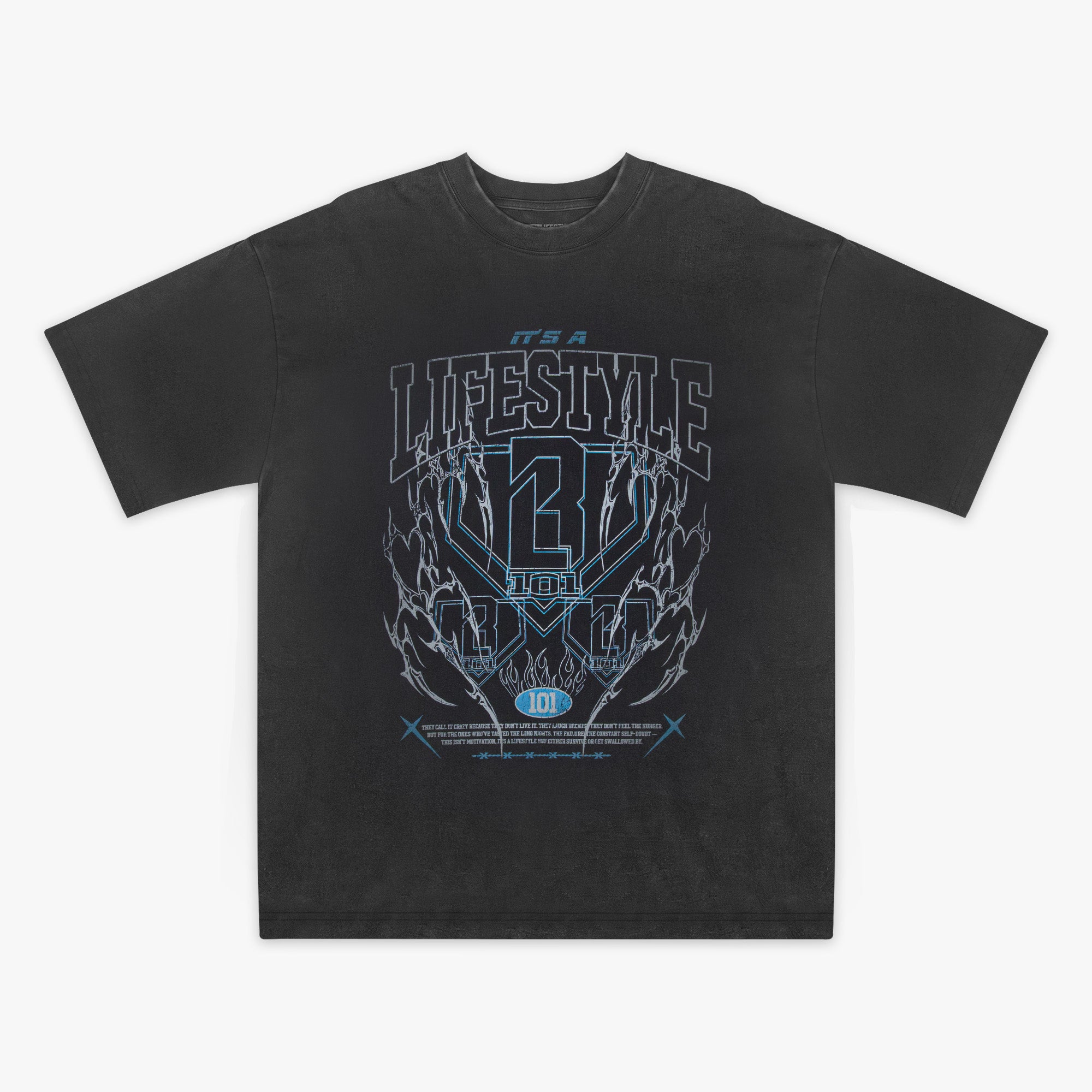 Grey t-shirt with blue graphic design and 'Baseball Lifestyle' text on a white background