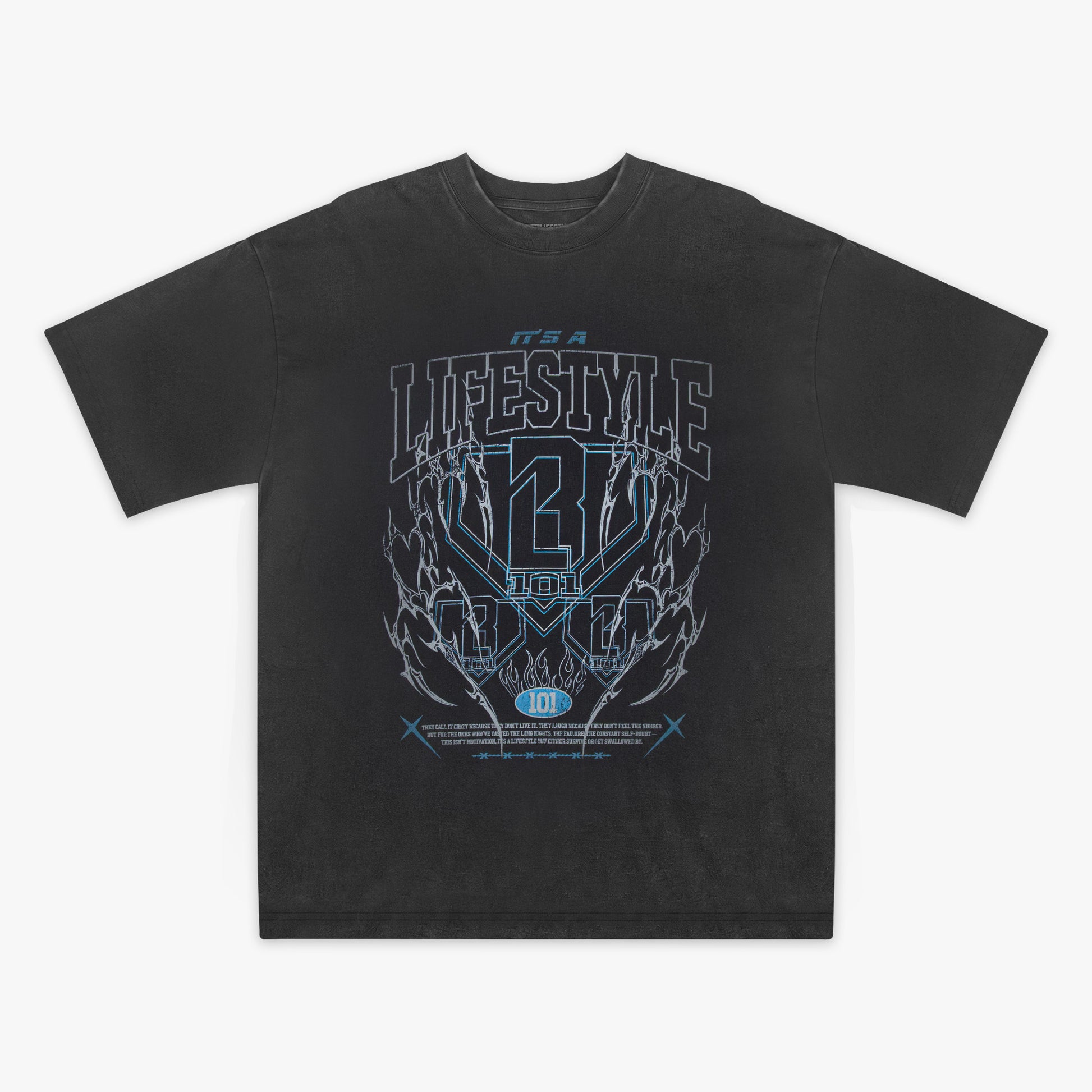 Grey t-shirt with blue graphic design and 'Baseball Lifestyle' text on a white background