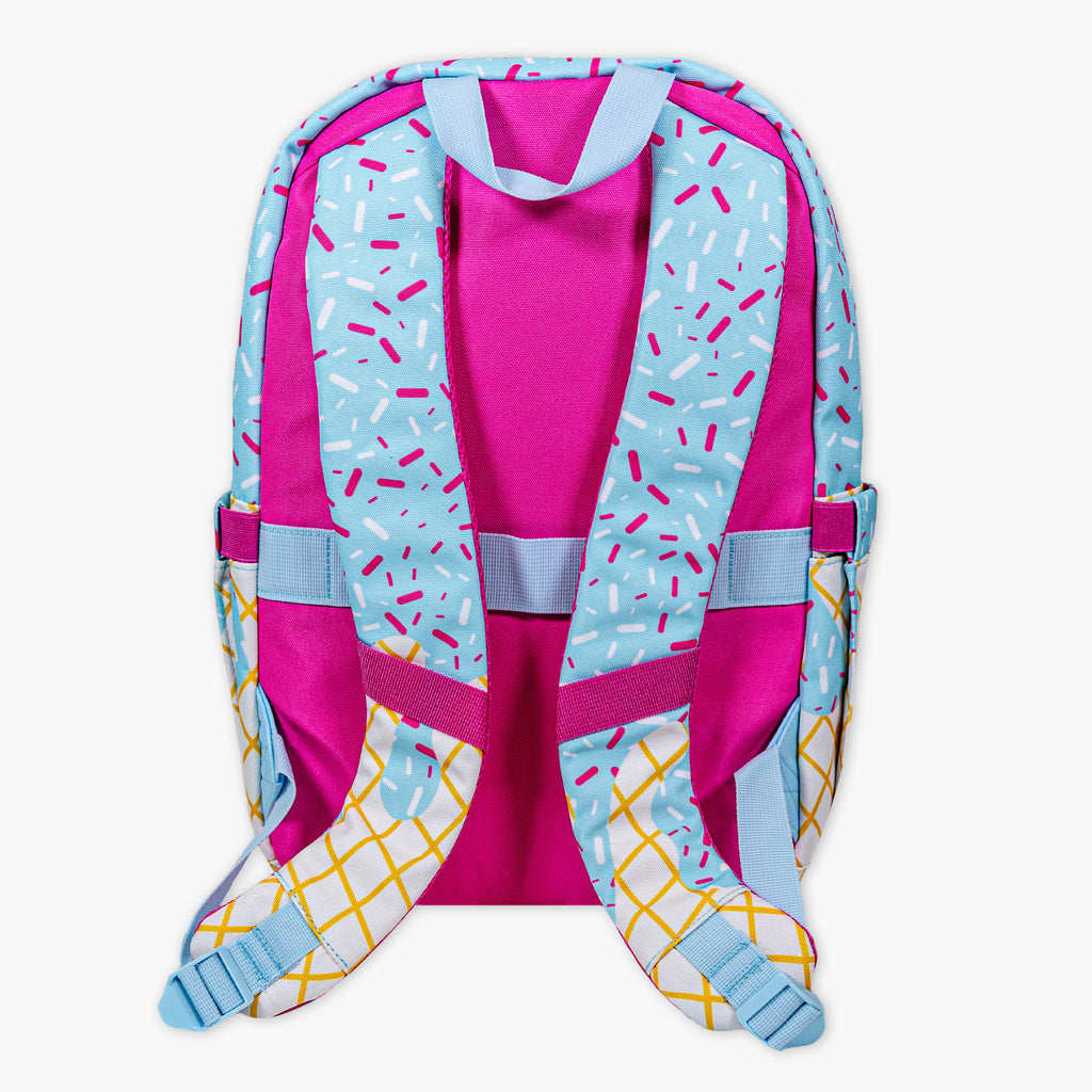Adult model wearing blue backpack with "Ice Cream Rotation" design
