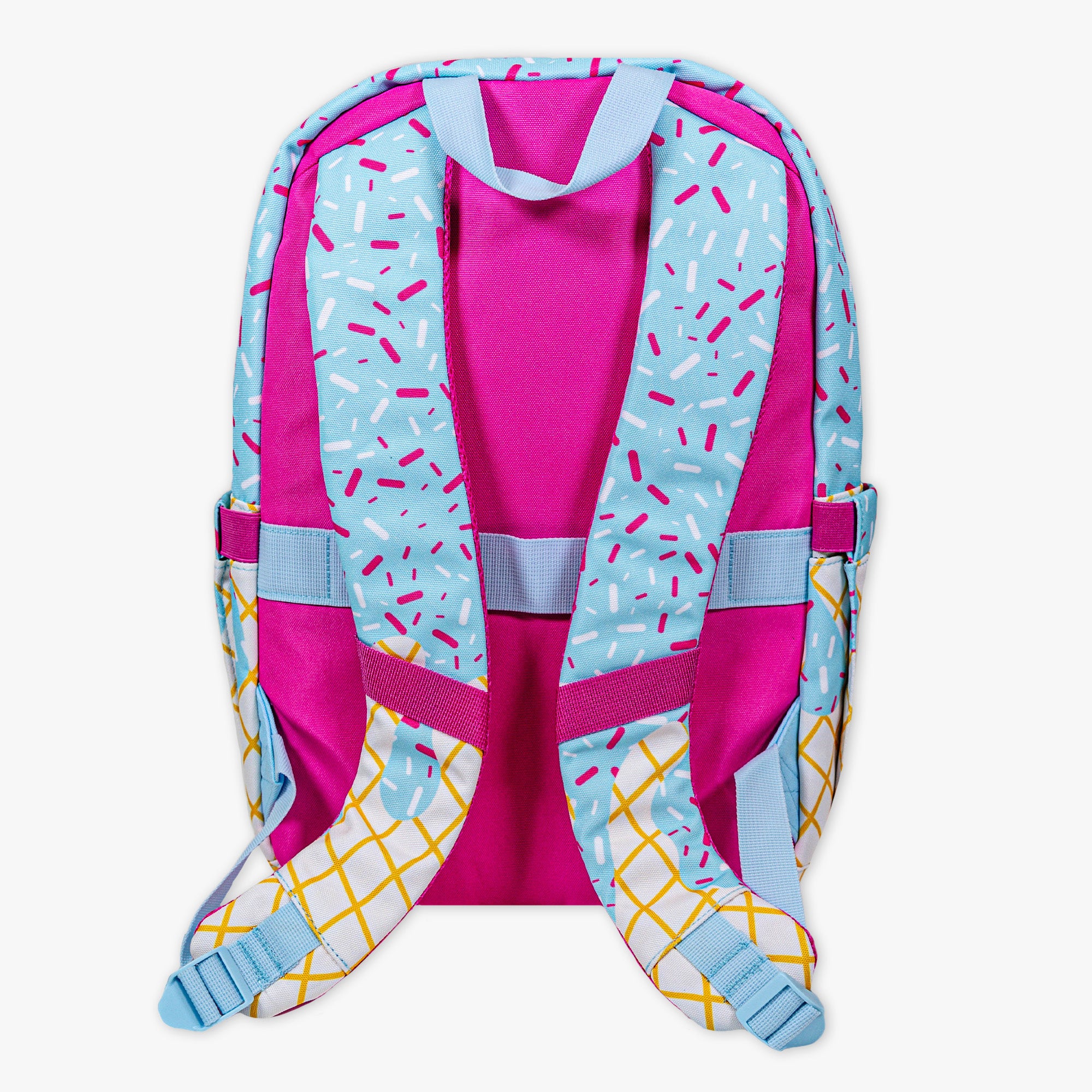 Adult model wearing blue backpack with "Ice Cream Rotation" design