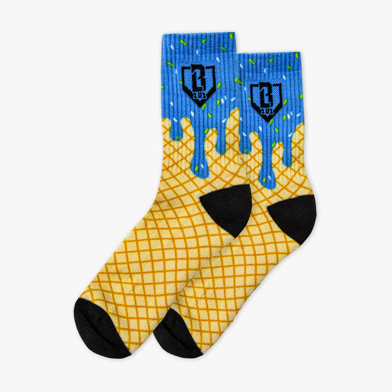 Blue socks with a waffle cone pattern and black BL101 logos on a white background