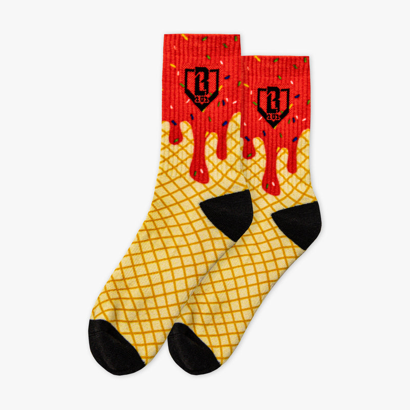 Red socks with a waffle cone pattern and black BL101 logo on a white background