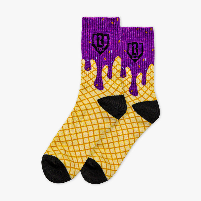 Purple socks with a waffle cone pattern and black BL101 logo on a white background