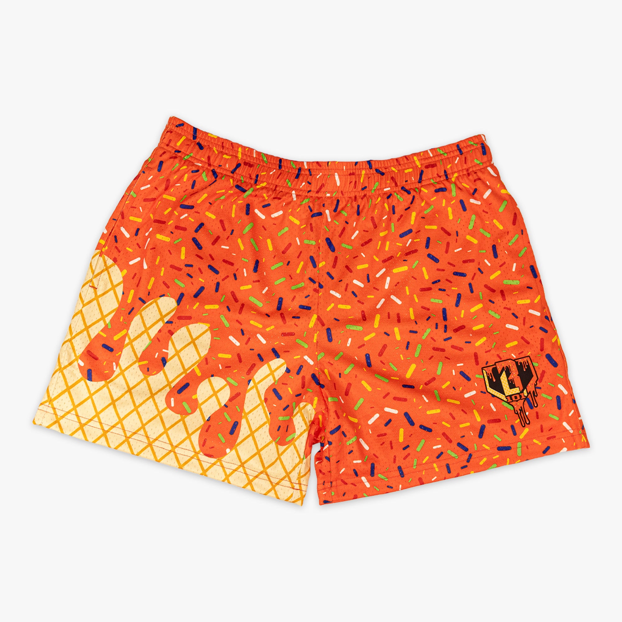 Orange ice cream shorts with colorful sprinkle pattern and dripping cone design on a white background