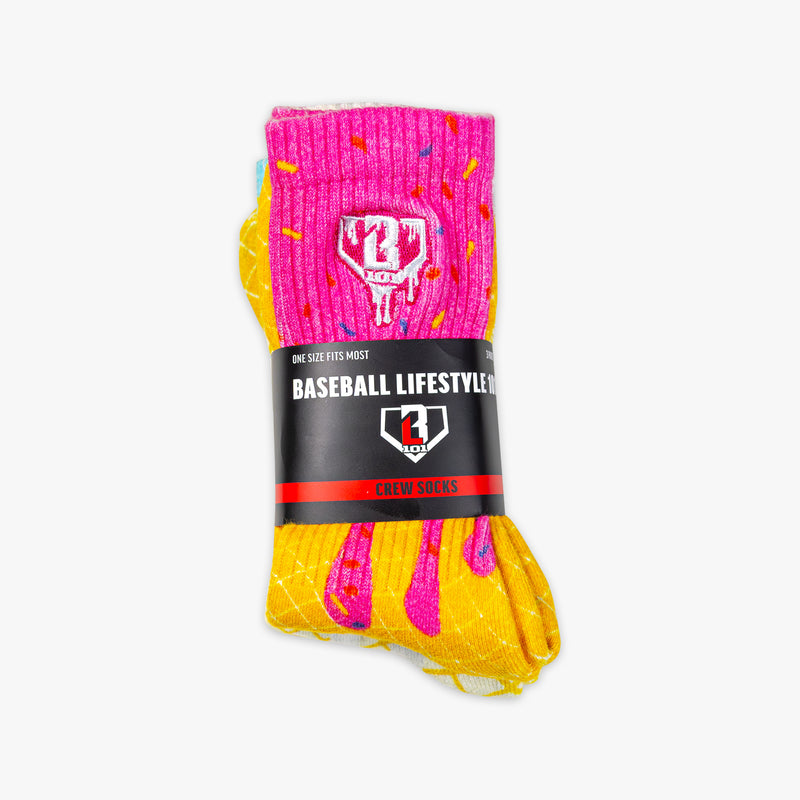 Adult model wearing 3 with "Ice Cream Socks 3-Pack" design