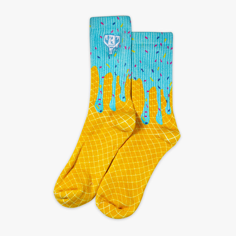 Adult model wearing 3 with "Ice Cream Socks 3-Pack" design