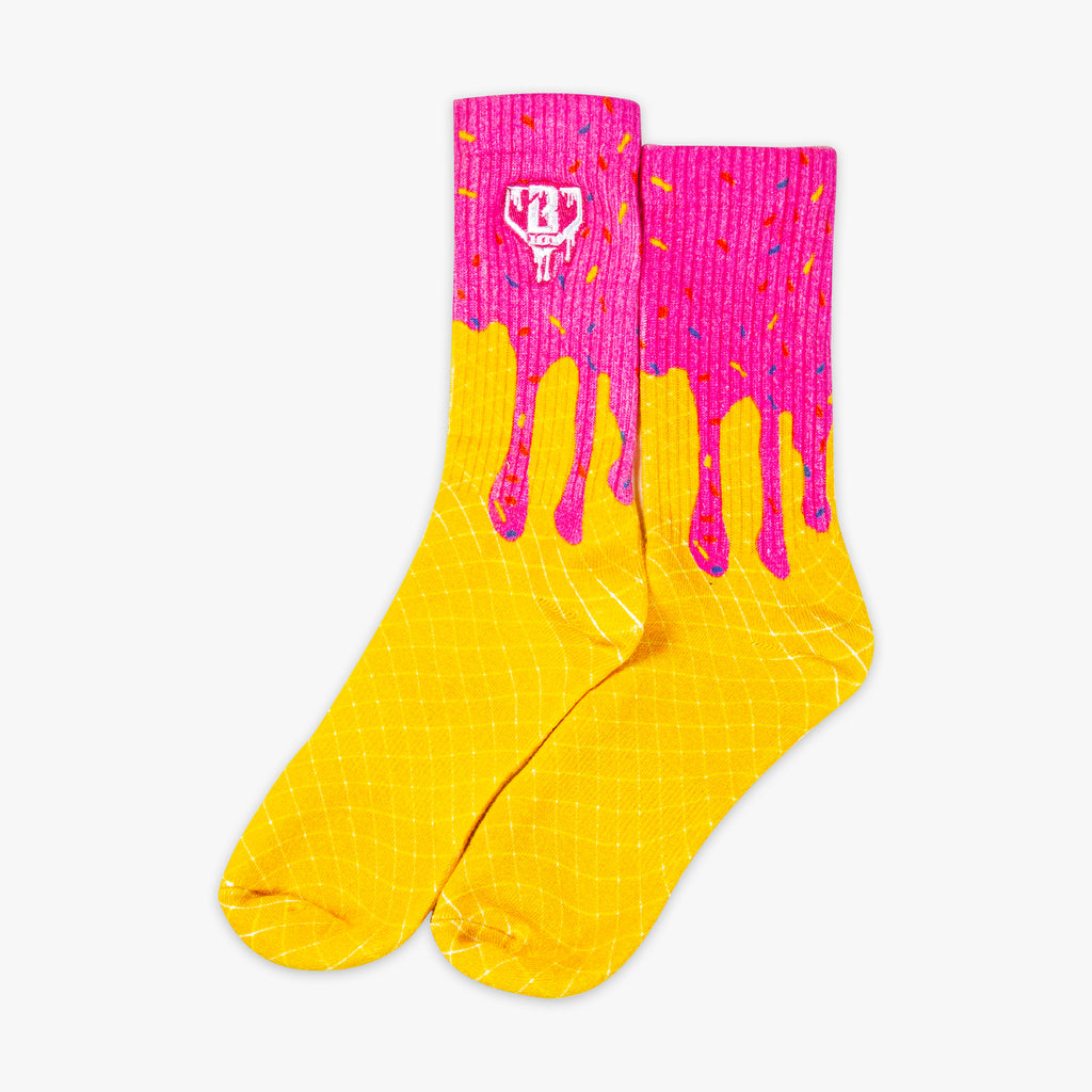 Adult model wearing 3 with "Ice Cream Socks 3-Pack" design