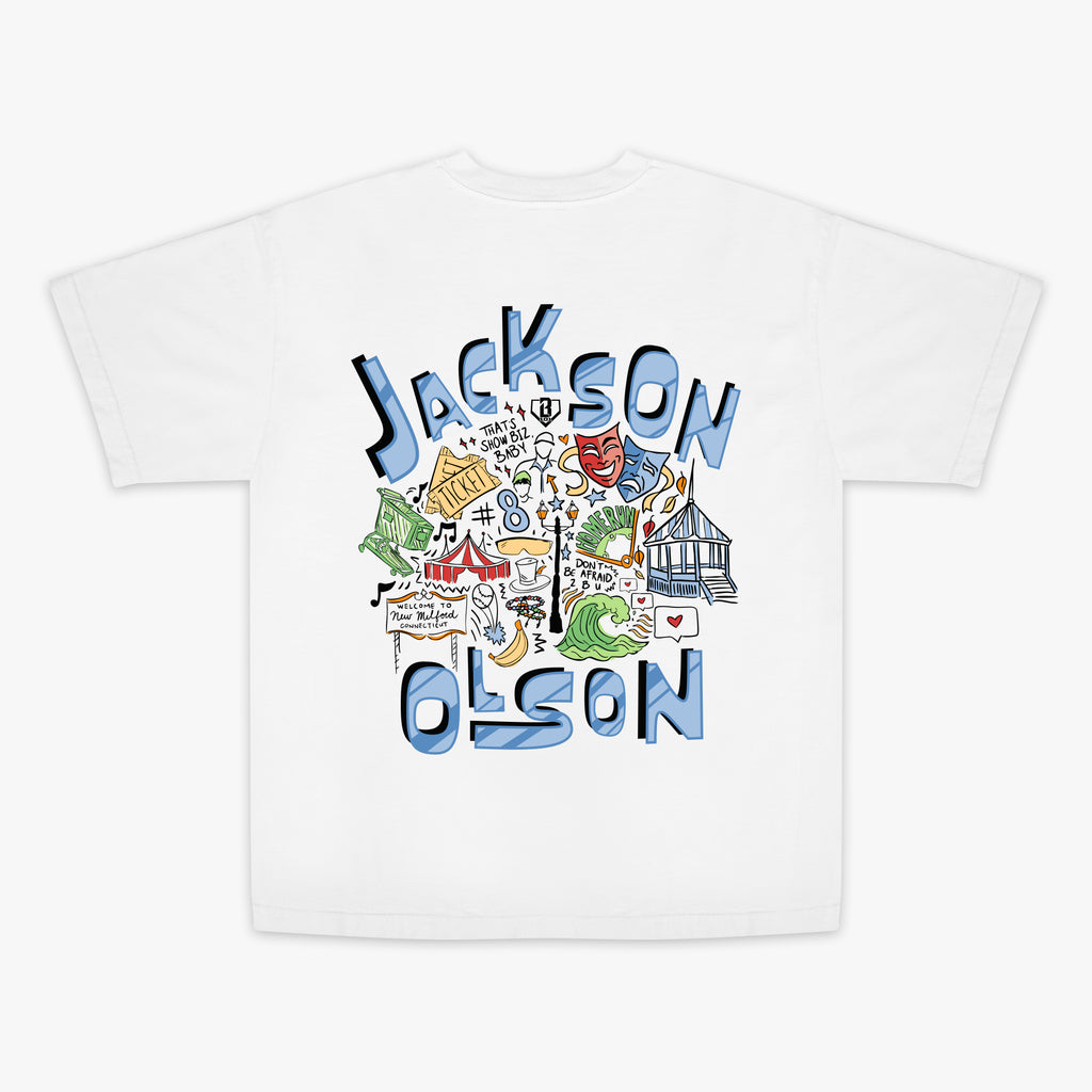 White t-shirt with colorful graphic design and 'Jackson Olson' text on a white background