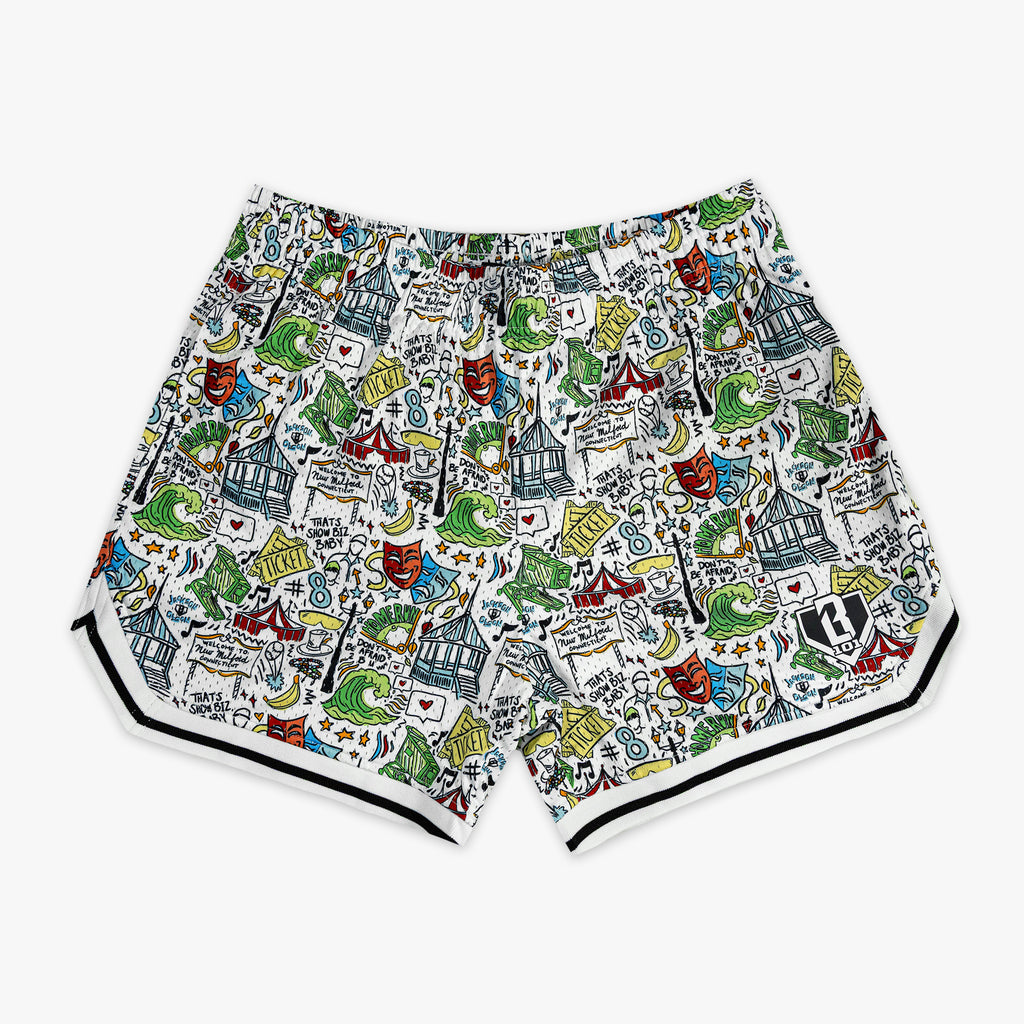 Colorful patterned shorts on a white background