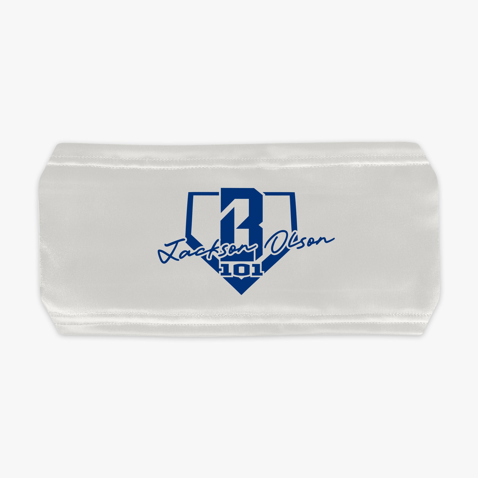 White headband with blue BL101 logo and 'Jackson Olson' text